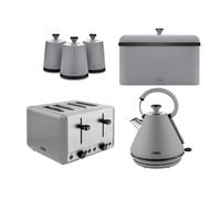 Tower Sera 1.7L 3KW Pyramid Kettle, 4 Slice Toaster, Breadbin & Canisters Set in Grey with Smoked Black Trim. Contemporary Matching Tower Grey Kitchen Bundle Set of 6