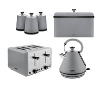 Tower Sera Grey Pyramid Kettle 4 Slice Toaster Breadbin & Canisters Matching Set