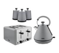 Tower Sera 1.7L 3KW Pyramid Kettle, 4 Slice Toaster & Tea, Coffee, Sugar Canisters in Grey with Smoked Black Trim. Contemporary Matching Tower Grey Kitchen Bundle Set