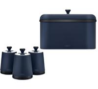 Tower Sera Midnight Blue Breadbin & Tea, Coffee, Sugar Canisters. Contemporary Matching Kitchen Storage Set in Matte Midnight Blue Finish with Stylish Black Smoked Trim