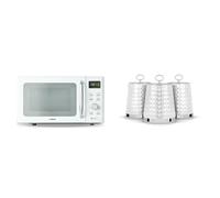 Tower Set: Digital Microwave 800W 20L + Set of 3 Stainless Steel Canisters, White & Chrome