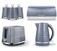 Tower Solitaire 1.5L 3000W Kettle, 2-Slice Toaster, Bread Bin & 3 Canisters Set Grey And Chrome