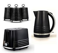 Tower Solitaire Black 1.5L 3KW Jug Kettle, 2 Slice Toaster & Canisters. Matching Modern Stainless Steel Design Kitchen Set of 5 Coated in a Sleek Black Colour