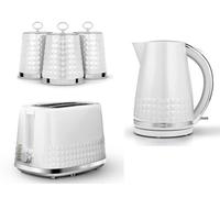 Tower Solitaire 1.5L Kettle, 2-Slice Toaster & 3 Canisters Matching Set, White With Chrome Accents