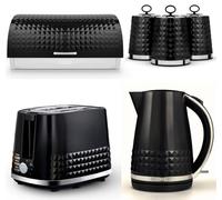 Tower Solitaire 3K 1.5L Jug Kettle, 2-Slice Toaster, Bread Bin & 3 Canisters Set In Black With Chrome Accents