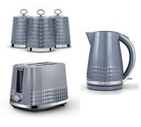Tower Solitaire 3K 1.5L Kettle, 2-Slice Toaster & 3 Canisters Matching Set Grey With Chrome Accents