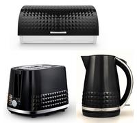 Tower Solitaire 3K 1.5L Kettle, 2-Slice Toaster & Bread Bin Matching Set In Black And Chrome