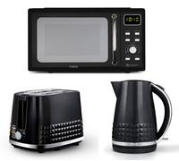 Tower Solitaire 3Kw 1.5L Kettle, 2-Slice Toaster & 800W 20L Digital Microwave Set - Black With Chrome Accents