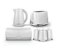 Tower Solitaire 4 Piece Kitchen Set, 3kW 1.5L Kettle, 2 Slice Toaster, Roll Top Bread Bin & 3 x 1.3L Canisters, White, EEJB478