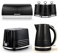 TOWER Solitaire Black 1.5L 3KW Jug Kettle, 2 Slice Toaster Bread Bin & Canisters. Matching Contemporary Design Kitchen Set of 6 in Black