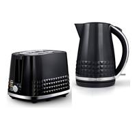 TOWER Solitaire Black 1.5L 3KW Jug Kettle & 2 Slice Toaster. Matching Modern Design Kettle & Toaster Set in Black with Chrome Accents