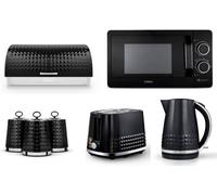 Tower Solitaire Black 1.5L 3Kw Kettle, 2-Slice Toaster & 800W 20L Microwave Set T24042Blk, Bread Bin And Canisters