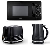 Tower Solitaire Black 1.5L 3Kw Kettle, 2-Slice Toaster & T24042Blk 800W 20L Microwave Matching Set