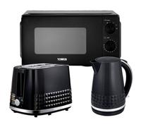 Tower Solitaire Black 3-Piece Matching Set - 1.5L 3Kw Kettle, 2-Slice Toaster & 20L 800W Manual Microwave T24044Blk.