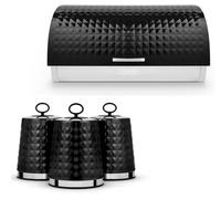 Tower Solitaire Black Bread Bin And 3 Canisters Storage Set With Embossed Diamond Design