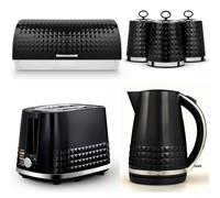 TOWER Solitaire Black 1.5L 3KW Jug Kettle, 2 Slice Toaster Bread Bin & Canisters. Matching Contemporary Design Kitchen Set of 6 in Black