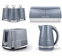 Tower Solitaire Grey 1.5L 3KW Jug Kettle, 2 Slice Toaster Bread Bin & Tea, Coffee, Sugar Canisters. Matching Contemporary Design Kitchen Set of 6 in Grey