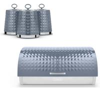 Tower Solitaire Grey Bread Bin And 3 Canisters Set - Embossed Diamond Stainless Steel