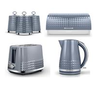 Tower Solitaire Grey 1.5L 3KW Jug Kettle, 2 Slice Toaster Bread Bin & Tea, Coffee, Sugar Canisters. Matching Contemporary Design Kitchen Set of 6 in Grey