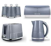 Tower Solitaire Kettle 2 Slice Toaster Bread Bin & Canisters Set Grey & Chrome