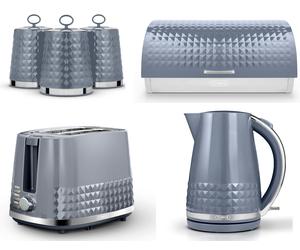 Tower Solitaire Kettle 2 Slice Toaster Bread Bin & Canisters Set Grey & Chrome