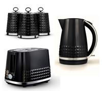 Tower Solitaire Kettle 2 Slice Toaster & Canisters Kitchen Set in Black & Chrome