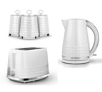tower Tower Solitaire White 1.5L 3KW Jug Kettle, 2 Slice Toaster & Tea, Coffee, Sugar Canisters. Matching Contemporary Design Kitchen Set in White