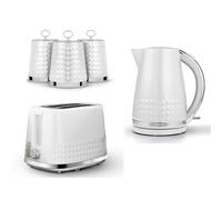 tower Tower Solitaire White 1.5L 3KW Jug Kettle, 2 Slice Toaster & Tea, Coffee, Sugar Canisters. Matching Contemporary Design Kitchen Set in White