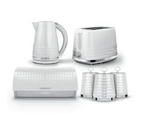Tower Solitaire Kitchen Set 4 Piece Bundle - 3kW 1.5L Kettle & 2 Slice Toaster with Roll Top Bread Bin & Canisters - White - EEJB478