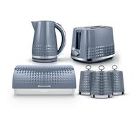 Tower Solitaire Kitchen Set 4 Piece Bundle - 3kW 1.5L Kettle & 2 Slice Toaster with Roll Top Bread Bin & Canisters - Grey - EEJB477