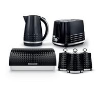 Tower Solitaire Kitchen Set 4 Piece Bundle - 3kW 1.5L Kettle & 2 Slice Toaster with Roll Top Bread Bin & Canisters - Black - EEJB476