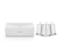 Tower Solitaire Roll Top Bread Bin and Set of 3 Canisters, Mirror Finished Steel Lid with Round Loop, Airtight, White