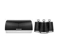 Tower Solitaire Roll Top Bread Bin and Set of 3 Canisters, Mirror Finished Steel Lid with Round Loop, Airtight, Black