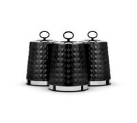 Tower Solitaire Set Of 3 Canisters 1.3L Each Black Embossed Diamond Design Stainless Steel