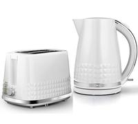 TOWER Solitaire White 1.5L 3KW Jug Kettle & 2 Slice Toaster. Matching Modern Design Kettle & Toaster Set in White with Chrome Accents