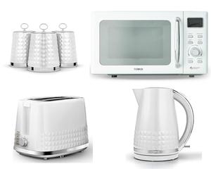 Tower Solitaire White 1.5L 3KW Jug Kettle, 2 Slice Toaster, T24041WHT 800W 20L Digital Microwave & Canisters. Matching Contemporary Design Kitchen Set of 6 in White & Chrome