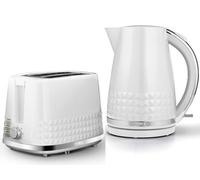 TOWER Solitaire White 1.5L 3KW Jug Kettle & 2 Slice Toaster. Matching Modern Design Kettle & Toaster Set in White with Chrome Accents