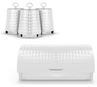 Tower Solitaire White Bread Bin & Canisters Storage Set Embossed Diamond Design