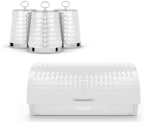 Tower Solitaire White Bread Bin & Canisters Storage Set Embossed Diamond Design