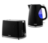 Tower Sonar 1.7L 3KW Kettle & 2 Slice Toaster in Black with Chrome Accents. Matching Textured Kettle & Toaster Set with Stylish Ripple Design, T10083BLK T20090BLK