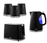Tower Sonar Black 1.7L 3Kw Kettle, 2-Slice Toaster And 3 Canister Matching Kitchen Set