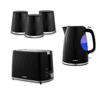 Tower Sonar Black 1.7L 3KW Kettle, 2 Slice Toaster and Tea, Coffee, Sugar Canisters. Stylish Matching Kitchen Set of 5 in Black, Embossed with a
