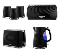 Tower Sonar Black 1.7L 3KW Kettle, 2 Slice Toaster, Bread Bin and Tea, Coffee, Sugar Canisters. Stylish Matching Kitchen Set of 6 in Black, Embossed with a Beautiful Ripple Design