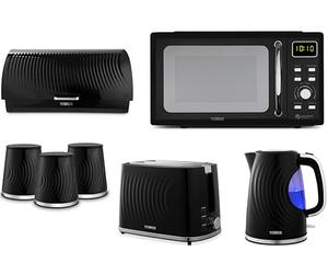Tower Sonar Black 1.7L 3KW Kettle, 2 Slice Toaster, Bread Bin, Tea, Coffee, Sugar Canisters and T24041BLK 800W 20L Digital Microwave. Stylish Matching Kitchen Set of 7 in Black
