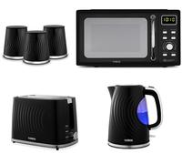 Tower Sonar Black 1.7L 3KW Kettle, 2 Slice Toaster, Tea, Coffee, Sugar Canisters and T24041BLK 800W 20L Digital Microwave in Black. Stylish Matching Kitchen Set of 6 in Black
