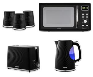 Tower Sonar Black 1.7L 3KW Kettle, 2 Slice Toaster, Tea, Coffee, Sugar Canisters and T24041BLK 800W 20L Digital Microwave in Black. Stylish Matching Kitchen Set of 6 in Black