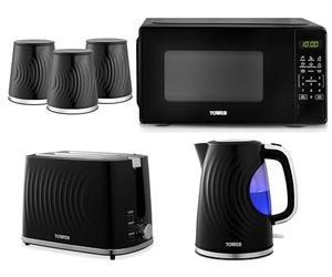 Tower Sonar Black 1.7L Rapid Boil Kettle, 2 Slice Toaster and 800W 20L Digital Microwave T24045BLK & Tea Coffee Sugar Canisters. Contemporary Matching Kitchen Set of 6