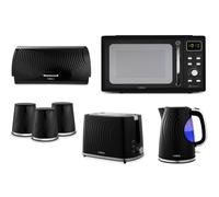 Tower Sonar Black 7-Piece Kitchen Set: 1.7L Kettle, 2-Slice Toaster, Bread Bin, Canisters & 800W Microwave (T24041BLK)