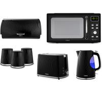 Tower Sonar Black Kettle Toaster Bread Bin Canisters & Digital Microwave Set