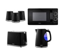 Tower Sonar Black 1.7L 3KW Kettle, 2 Slice Toaster, Tea, Coffee, Sugar Canisters and T24042BLK 800W 20L Microwave in Black. Stylish Matching Kitchen Set of 6 in Black